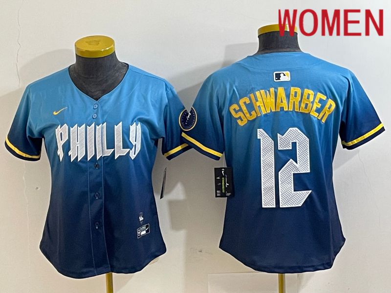 Women Philadelphia Phillies #12 Schwarber Blue City Edition Nike 2024 MLB Jersey style 1->->Women Jersey